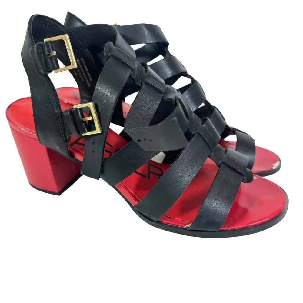 Killer Red soles, chunky heels and black straps sandals by brand Kelsi Dagger
